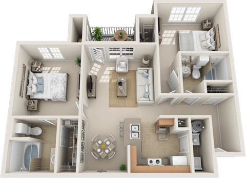 Floor plan for 2 beds, 2 baths, 960 sqft